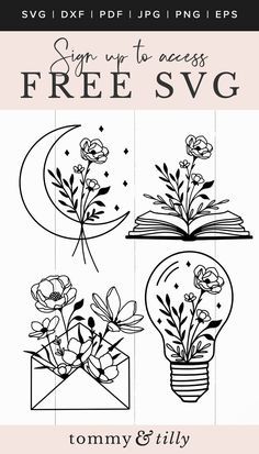 the free svg bundle includes flowers and books