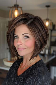 a woman with short brown hair standing in front of a kitchen counter and looking at the camera