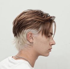 Mens Wolfcut Short, Men’s Alt Haircuts, Queer Man Haircut, Short Hair Color Placement, Short Haircuts Undercut, Mens Split Dye, Soft Mullet With Curtain Bangs, Wolf Undercut, Mullet Hair Dye Ideas