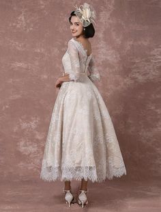 Lace Wedding Dress Vintage Bateau Champagne Half Sleeves Bridal Gown A line Backless Tea length Sash Reception Bridal Dress misshow Tea Length Wedding Dresses Lace, Reception Bridal Dress, Lace Wedding Dress Vintage, Lace Bridal Gown, Lace Wedding Dress, Online Wedding Dress, Cheap Wedding Dress, Tea Length