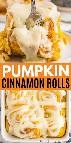 pumpkin cinnamon rolls with cream cheese frosting in a baking dish and on a plate