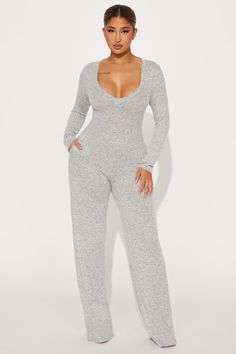 Available In Heather Grey. Jumpsuit Long Sleeve V Neck Wide Leg Stretch Inseam= 34" 80% Rayon 17% Polyester 3% Spandex Imported | Never Not Nice Jumpsuit in Heather Grey size Large by Fashion Nova Grey Romper Outfit, Nice Jumpsuits, Not Nice, Jumpsuit Long Sleeve, Grey Jumpsuit, Jumpsuit Long, Lit Outfits, Romper Outfit, Long Jumpsuits