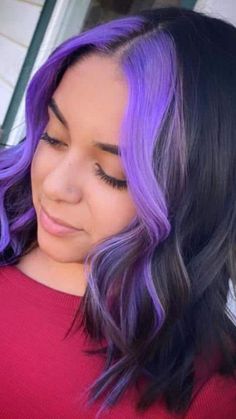 Plum Hair Money Piece, Black Hair Lavender Money Piece, Hair Dye Purple Highlights, Black Hair Colored Money Piece, Black Hair With Color Money Piece, Purple Hair Lavender Money Piece, Split Dyed Hair Front Pieces, Black Hair With Colorful Money Piece, Purple Hair Front Strands