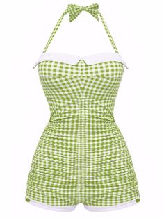 Checked 1950s Halter Bowknot One-piece Swimsuit | Retro Stage Retro Two Piece Outfit, Vintage Bathing Suits 1950s Retro Swim, 1960s Bathing Suits, Vintage Swimwear Aesthetic, 1950 Swimsuit, 60s Swimwear, Watermelon Fashion, 60s Swimsuit, 1950s Bathing Suits