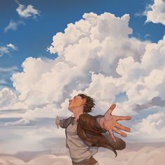 a man flying through the air while holding his hands out in front of him and clouds behind him