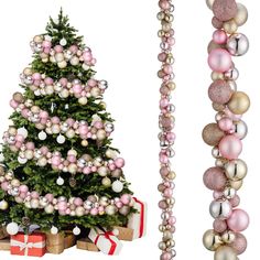 a decorated christmas tree next to a wooden beaded garland with pink and silver ornaments