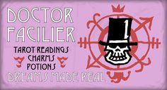 a skull wearing a top hat with the words doctor fauller tarot reading chart points dreams made real