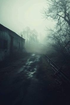 an old run down house in the middle of nowhere with trees and fog on it