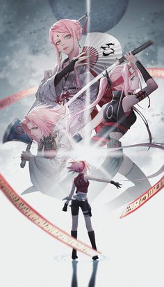 two anime characters standing in the snow with swords