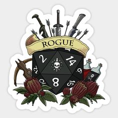 a black and white sticker with the word roque on it, surrounded by various items