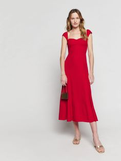 Wear the dress. Shop the Bryson Dress from Reformation, a midi dress with short, cap sleeves, a sweetheart neckline and an A-line silhouette. Midi Dress For Women, French Retro, Red Square, Reformation Dress, A Line Dresses, Silky Dress, Grad Dresses, Red Midi Dress, Green Midi Dress