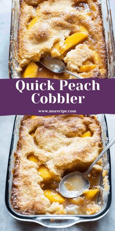 a casserole dish with peach cobbler in it