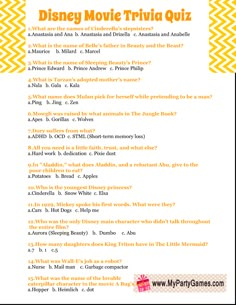 the disney movie trivia quiz is shown in yellow and white with an orange chevron pattern