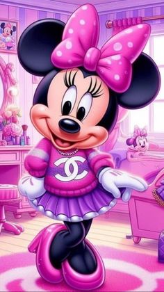 minnie mouse is standing in her bedroom