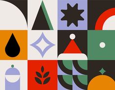 an abstract painting with various shapes and colors, including oranges, blue, green, red, black, and white