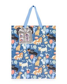 a blue shopping bag with dogs on it