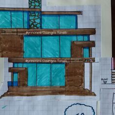 a drawing of a building with blue windows