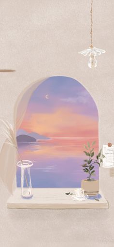 a painting of a window with a view of the ocean at sunset, and a potted plant in front of it