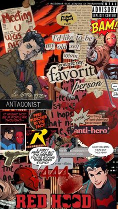 an image of the cover to red hood and other comic characters, with text above them