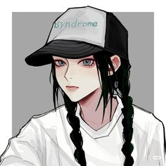 a drawing of a person with long hair wearing a baseball cap and braids in front of their face