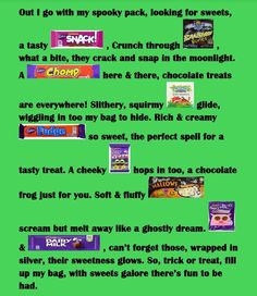 a green screen with some candy bars on it and the caption below reads, i go with my spooky pack, looking for sweets,