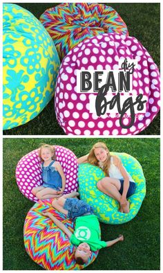 bean bag chairs with the words bean bags on them and an image of two children laying in