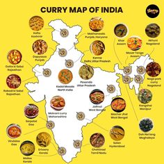 the curry map of india is shown on a yellow background with many different types of food