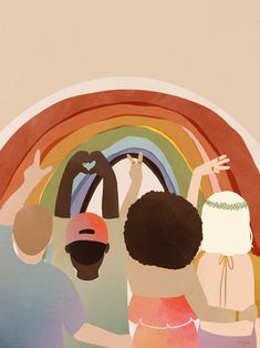 three people standing in front of a rainbow with their hands up to the sky,