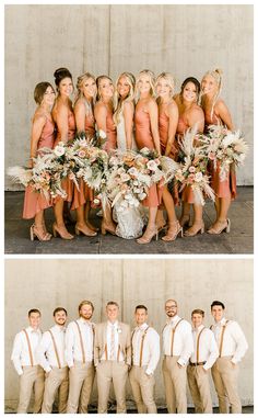 the bride and groomsmid are posing for pictures together