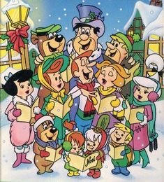 an image of cartoon characters singing in front of a christmas scene with snow and trees