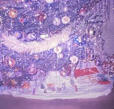 a christmas tree is decorated with ornaments and lights