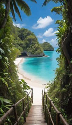 a wooden walkway leading to an island with blue water and green trees on both sides