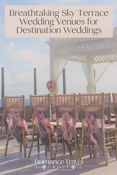 a wedding venue with wooden chairs and pink sashes