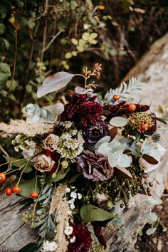 a bridal bouquet sitting on top of a wooden bench in the woods with berries and greenery