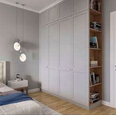 a bedroom with gray walls and white furniture in the corner, along with bookshelves