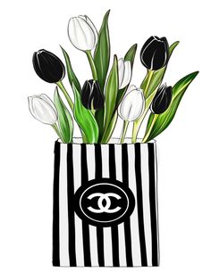 a black and white striped bag with flowers in it