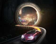 a red sports car driving down a road in front of a circular window with city lights