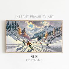 a painting of skiers skiing down a snow covered mountain