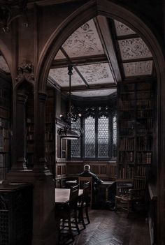 a dark room with an arched doorway and table in the center, surrounded by bookshelves