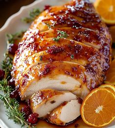 sliced chicken with cranberry sauce and orange slices on a white platter, ready to be eaten