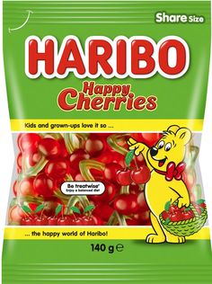 a bag of happy cherries with the word harbo on it's side