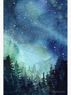 watercolor painting of the night sky with stars and trees