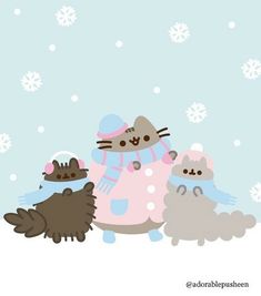 a group of animals that are standing in the snow with hats and scarves on