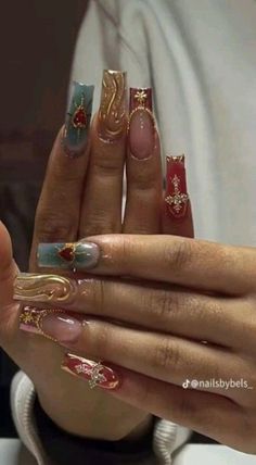 May Nail Art Inspiration: Summer Edition #longnaildesign Square Nail Ideas Long, Nails Acrylic Creative, Cool Nail Inspo 2024 Square, Nail Inspo Extra, Red Acrylic Designs, Acrylic Nails Ideas Winter, Mustard Nail Art, Street Wear Nails, Indie Nail Designs