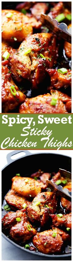 some food is being cooked in a skillet with the words spicy sweet sticky chicken wings