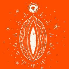 an orange background with some white stars around it and a piece of fruit in the center