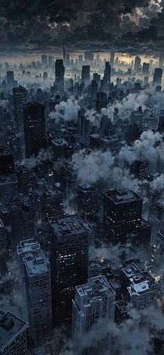 an aerial view of a city with skyscrapers and clouds in the foreground at night