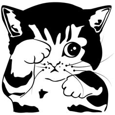 a black and white drawing of a cat with its paw on it's chest