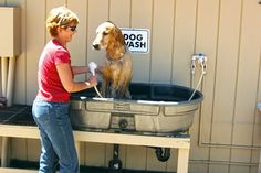 a woman washes her dog in an outdoor bathtub with a sign on it