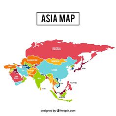 a map of asia with all the countries in different colors and names on white background